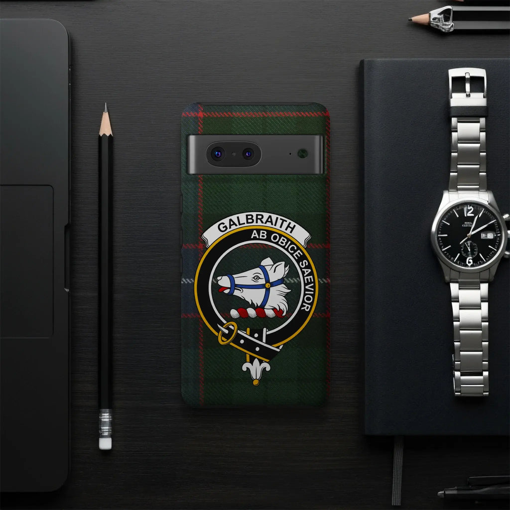 Clan Galbraith heritage phone case — glossy finish showing full tartan crest design on Samsung Galaxy