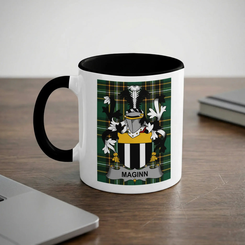 Maginn Irish heritage mug with black handle and family crest