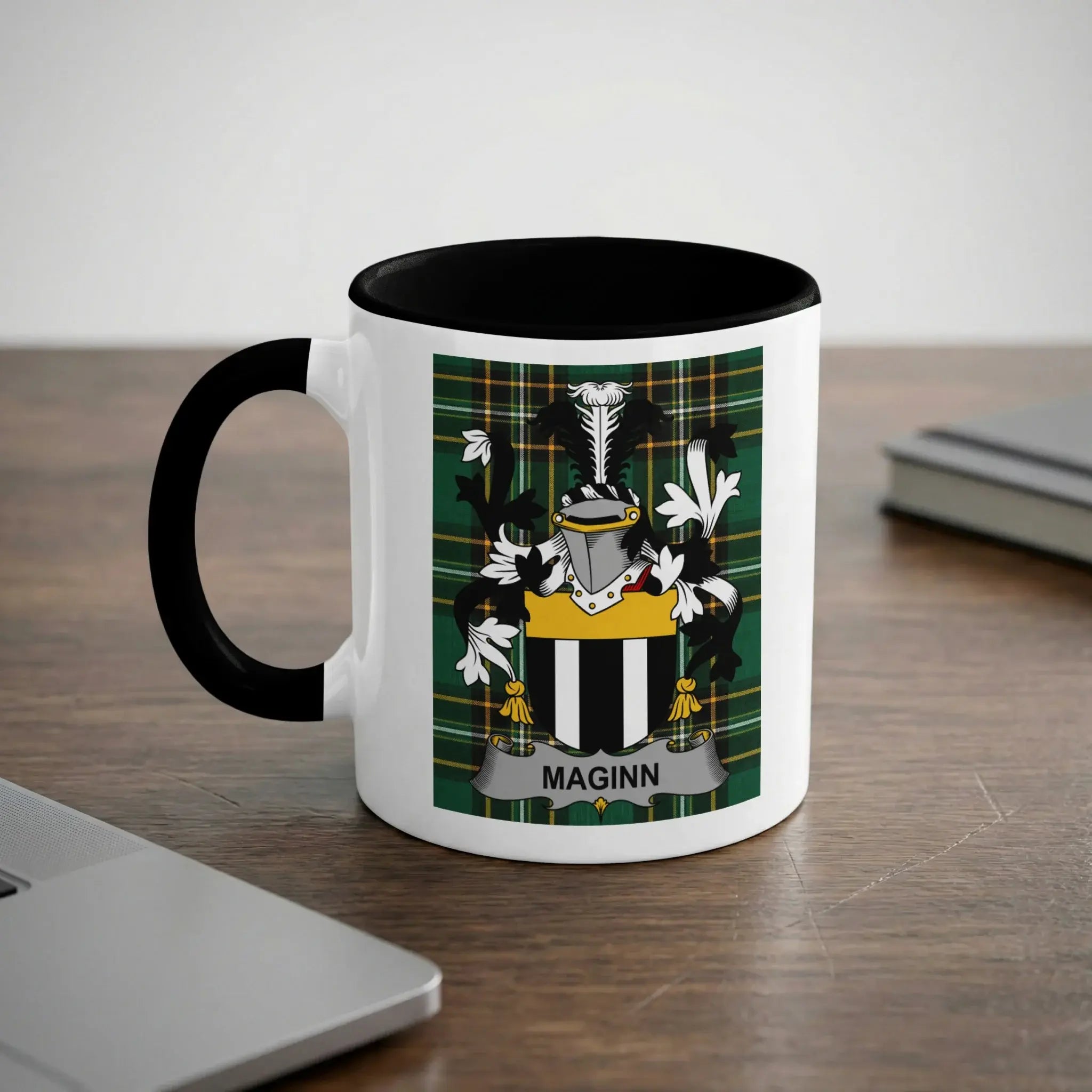 Maginn Irish heritage mug with black handle and family crest