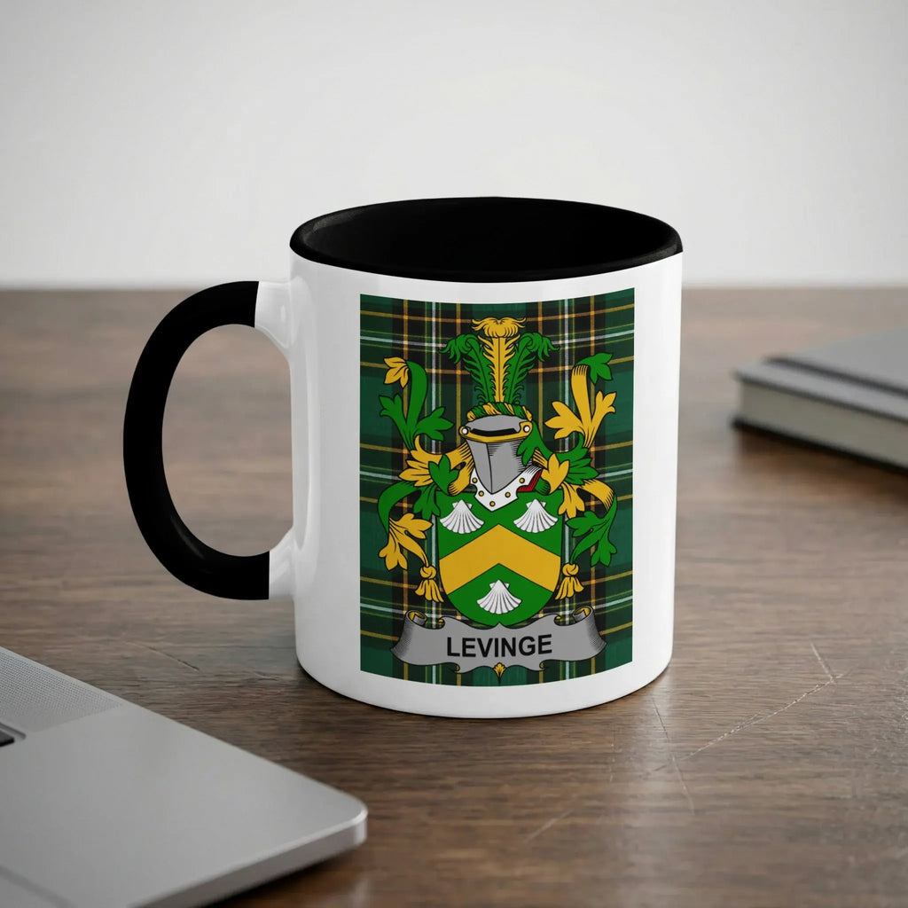 Levinge Irish heritage mug with black handle and family crest