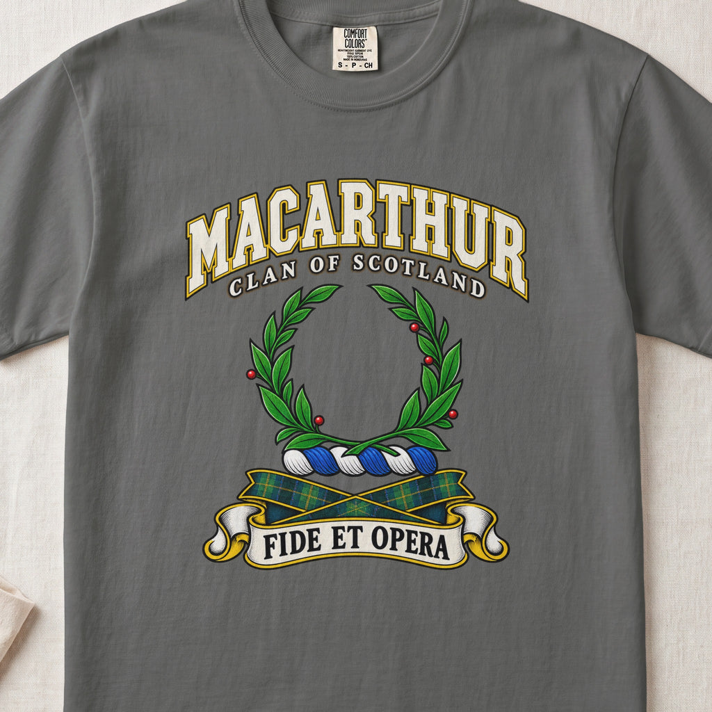 MacArthur Scottish clan T-shirt in Pepper, front view with a green laurel wreath and motto design.