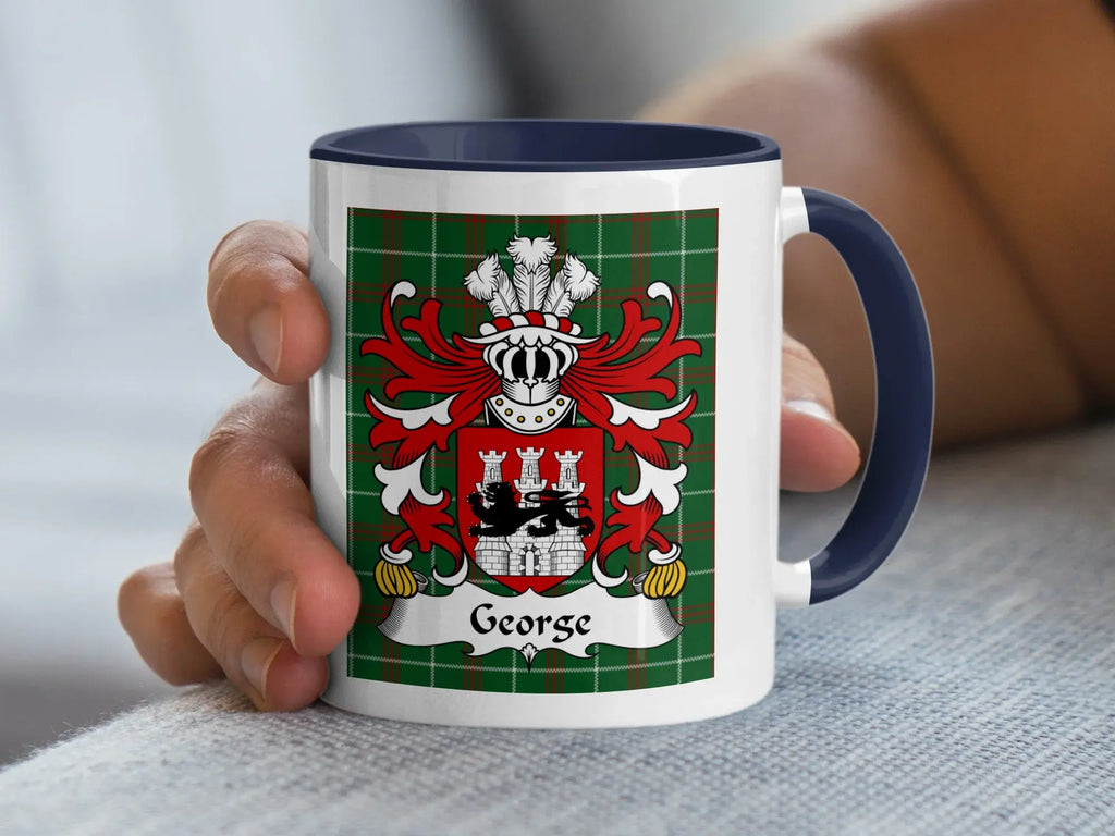 George Welsh family crest mug with navy accent and coat of arms on green plaid tartan