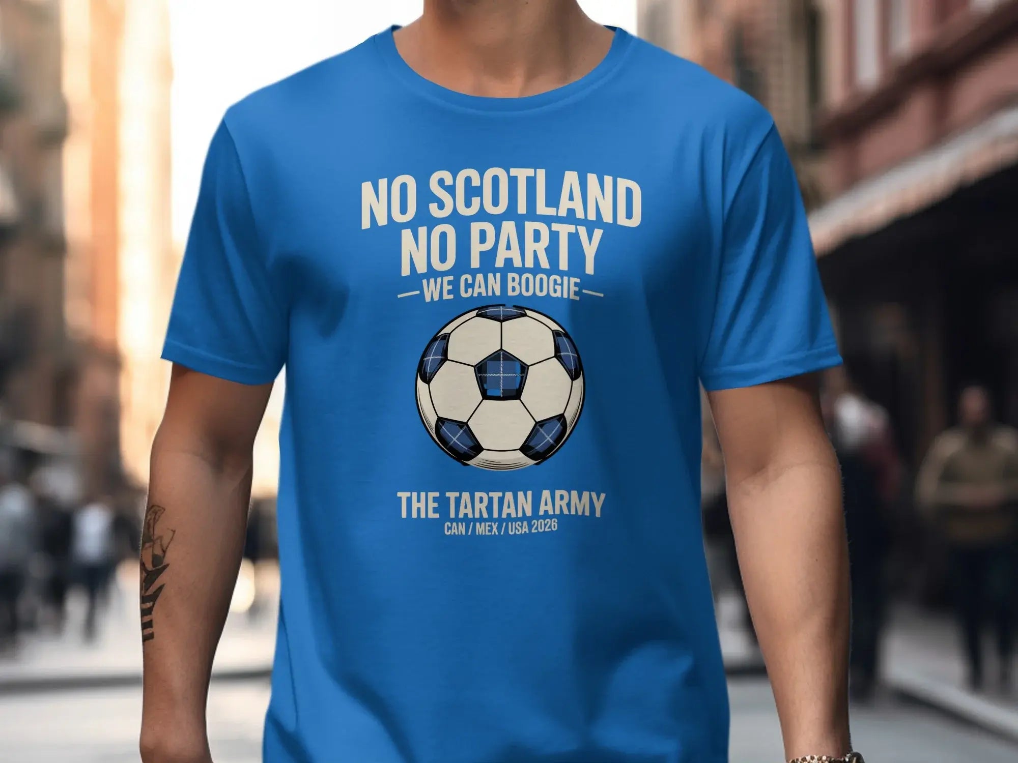 Blue t-shirt with "No Scotland, No Party" and tartan soccer ball design.