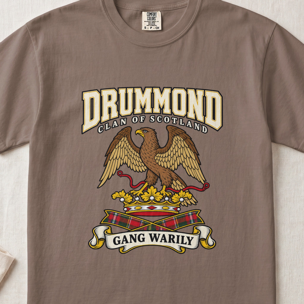 Drummond Scottish clan graphic T-shirt in Espresso, front view