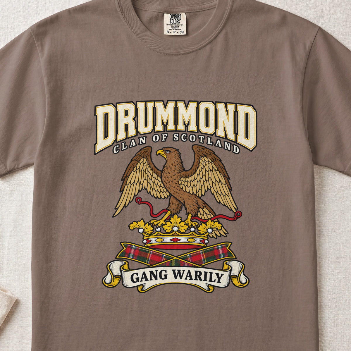 Drummond Scottish clan graphic T-shirt in Espresso, front view