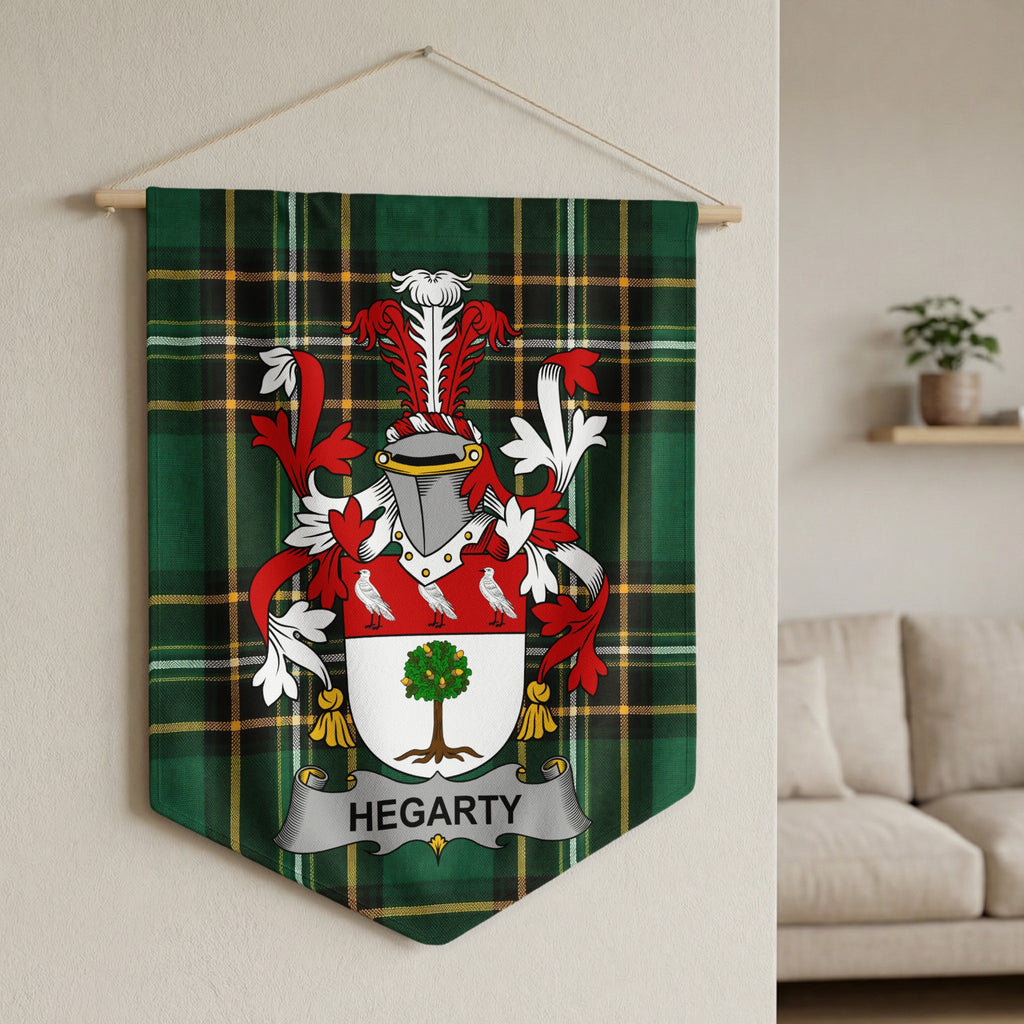 Green plaid banner with Hegarty coat of arms and name displayed.