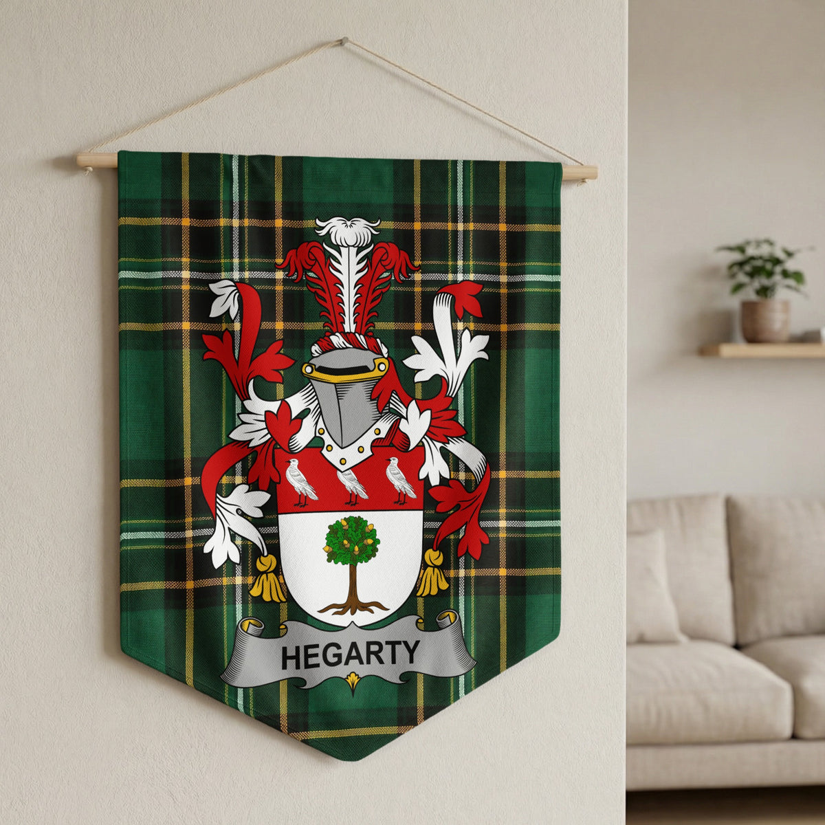 Green plaid banner with Hegarty coat of arms and name displayed.