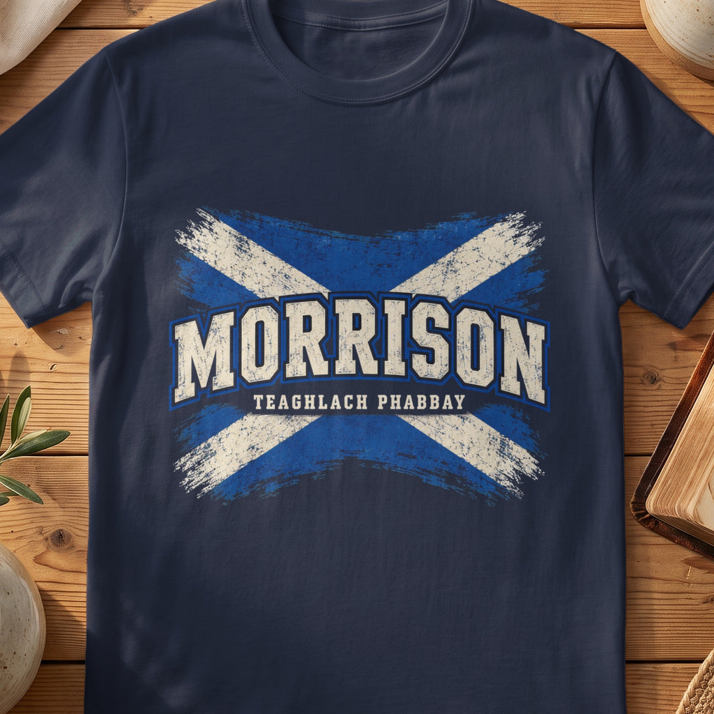 Morrison Scottish Saltire T-shirt in Navy, with distressed blue and cream flag and “Teaghlach Phabbay” lettering.