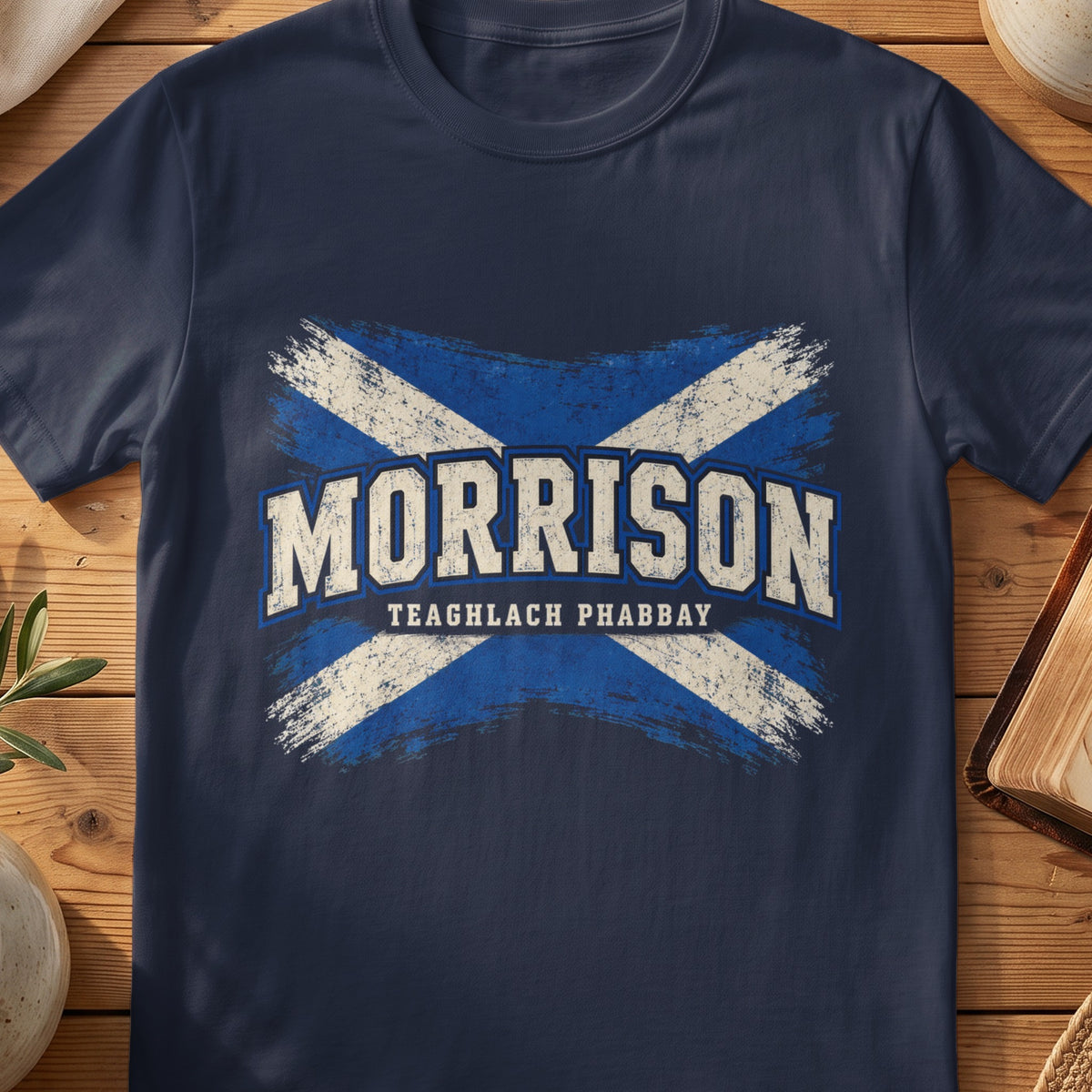Morrison Scottish Saltire T-shirt in Navy, with distressed blue and cream flag and “Teaghlach Phabbay” lettering.