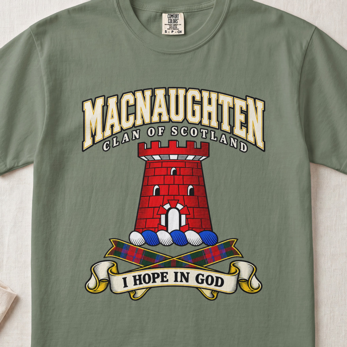 MacNaughten Scottish clan graphic T-shirt in Moss, front view