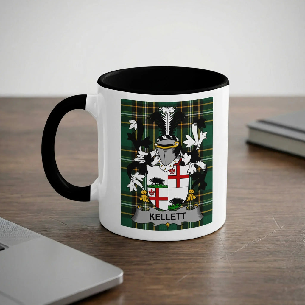 White mug with black rim featuring the Kellett coat of arms on a plaid background.