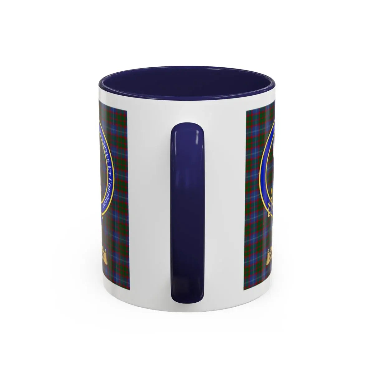 Navy and White Tartan Patterned Mug with Clan Crest Mug