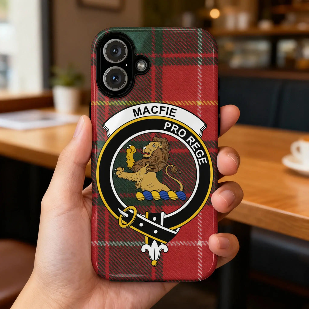 MacFie Pro Rege red tartan crest phone case — slim protective wrap with lion rampant design