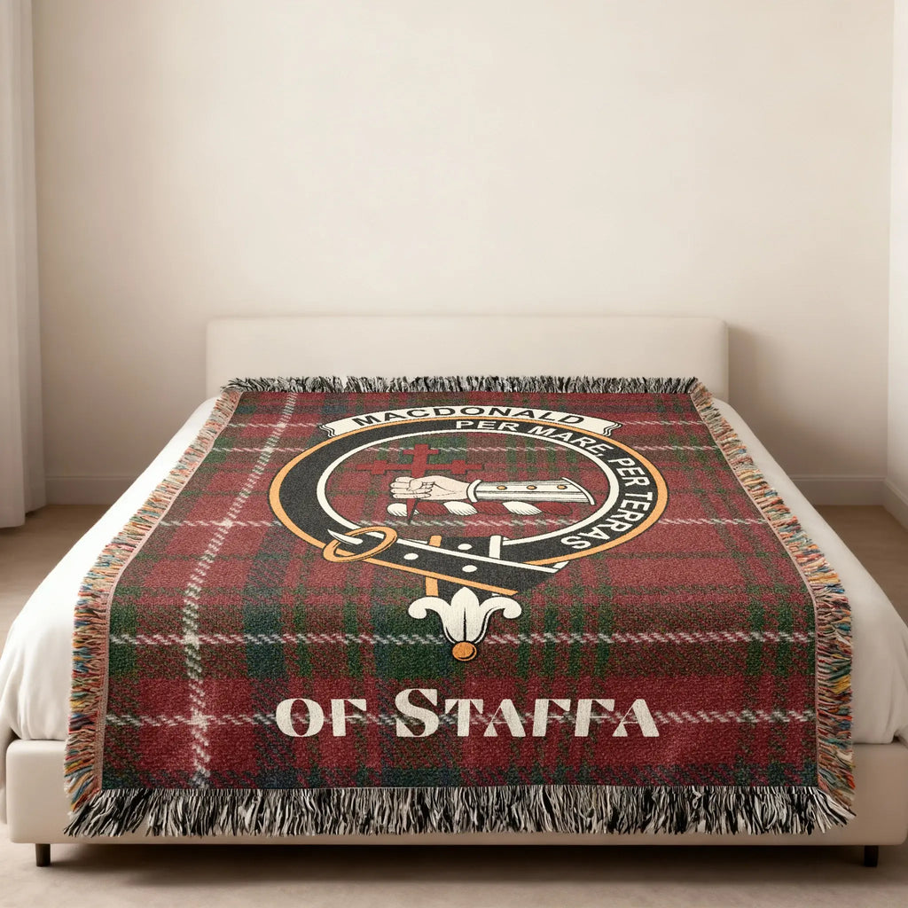 MacDonald of Staffa Per Mare Per Terras plaid tartan woven blanket — fringe edge visible