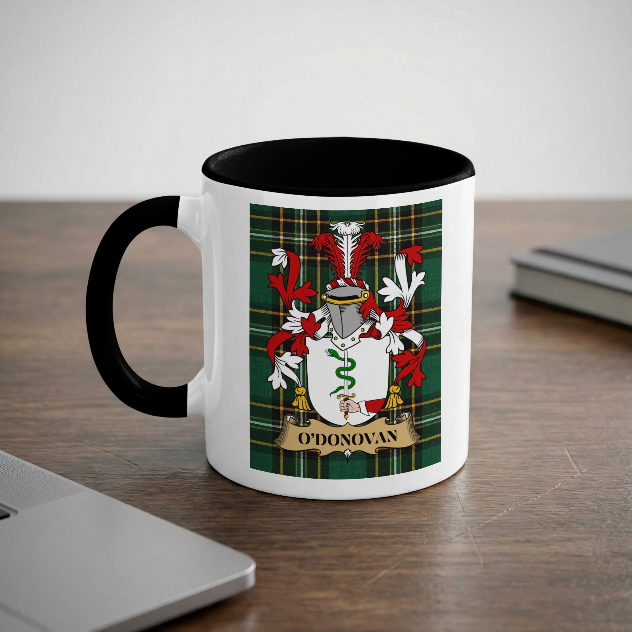 O'Donovan 11 oz black accent mug featuring Irish family crest and tartan