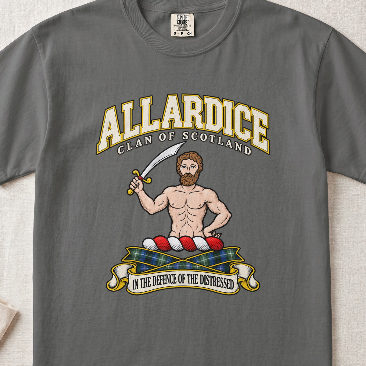 Allardice Scottish clan T-shirt in Pepper, front view with a bearded figure holding a curved sword and motto design.