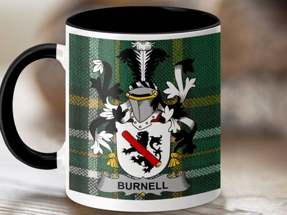 Burnell Surname Family Crest Irish Tartan Mug - Celtic Ancestry Gifts