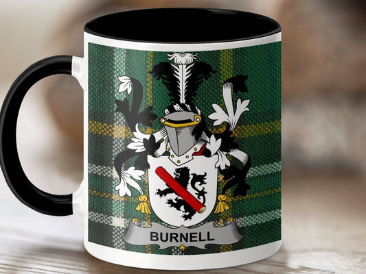 Burnell Surname Family Crest Irish Tartan Mug - Celtic Ancestry Gifts