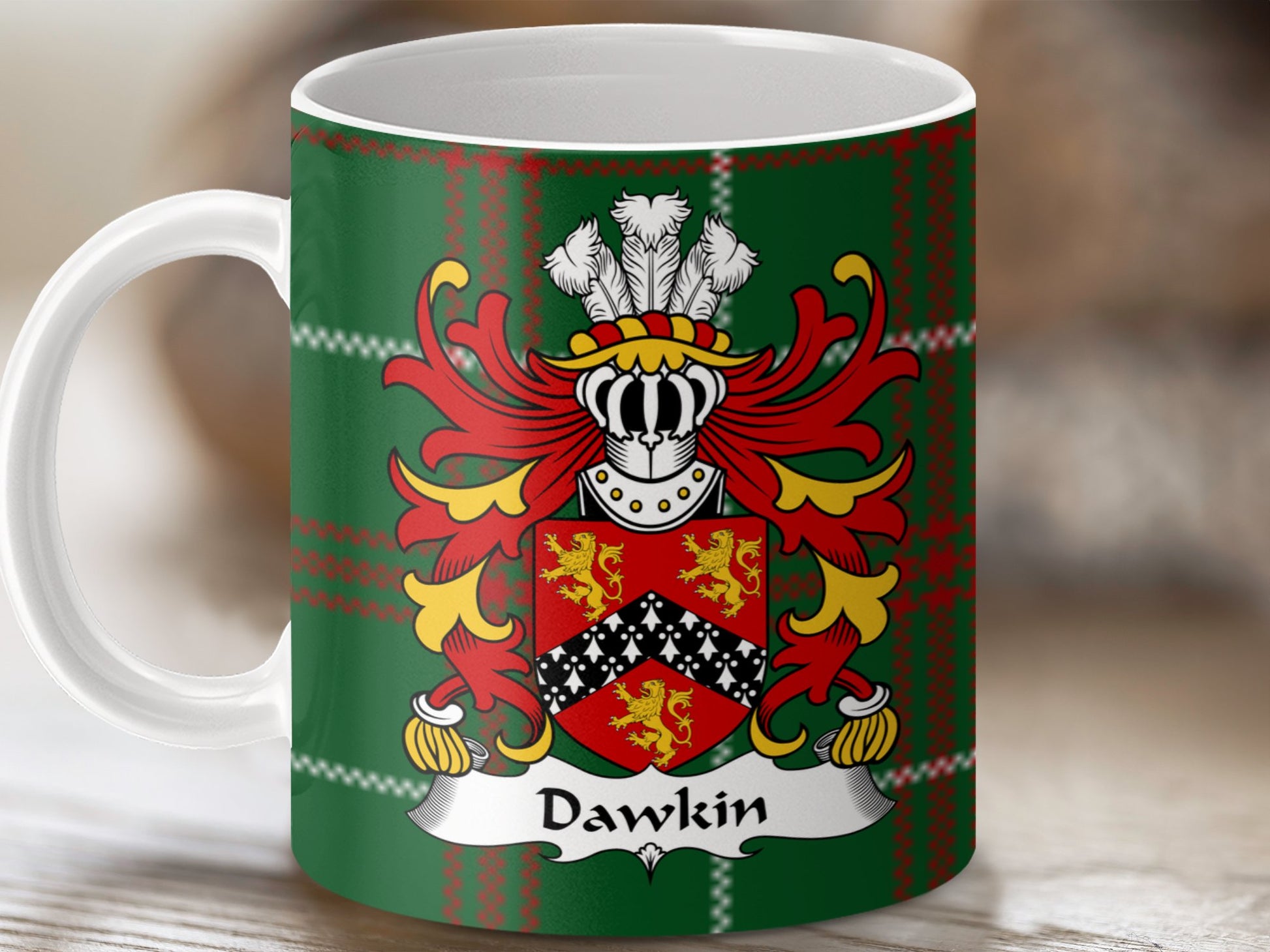 Dawkin Coat of Arms Welsh Tartan Background Mug - Living Stone Gifts