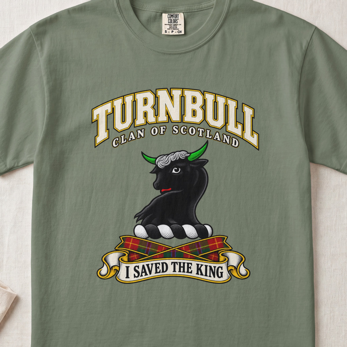 Turnbull Scottish clan T-shirt in Moss, front view with a black bull head with green horns and motto banner.
