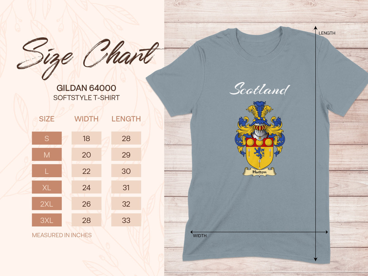 Gildan 64000 size chart for Hutton Scottish family shield T-shirt