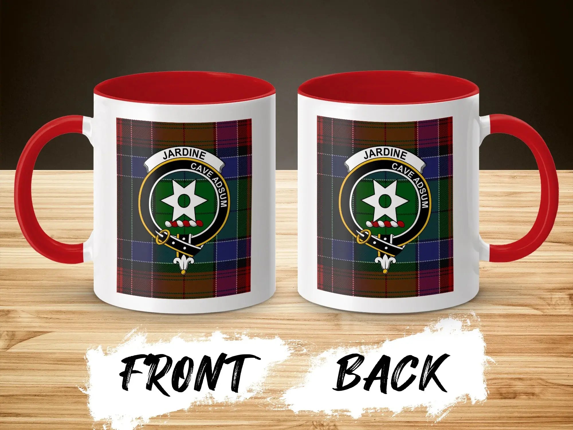 Clan Jardine tartan accent mug — red handle and interior, 11 oz with clan crest design
