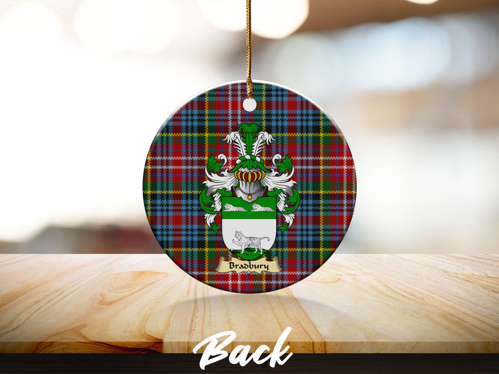 Round Bradbury Scottish clan ornament with family crest on a Caledonia tartan background