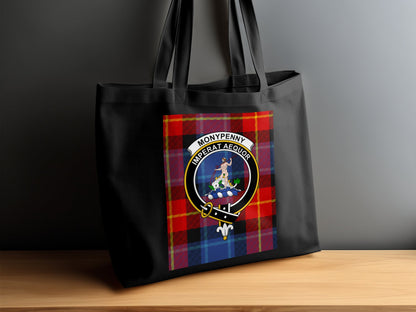 Scottish Clan Crest on Tartan Background Tote Bag - Living Stone Gifts