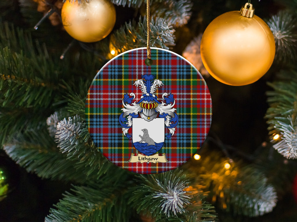 Lithgow family emblem ceramic Christmas ornament with Caledonia tartan background in festive holiday décor