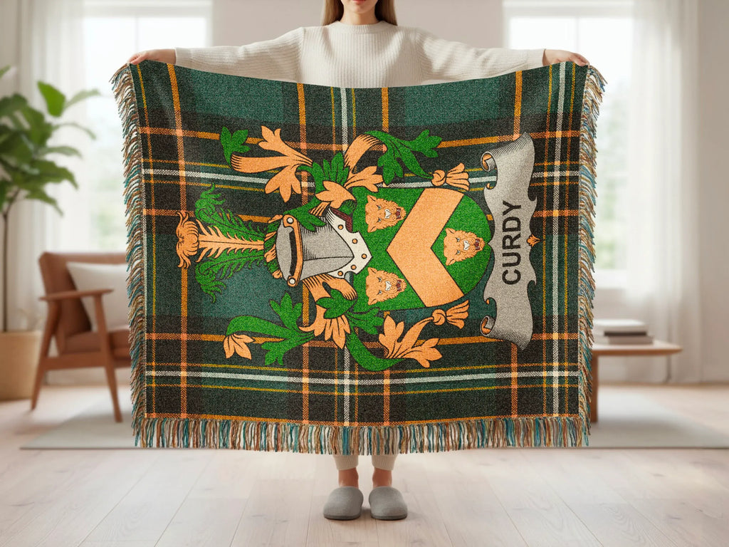 Curdy Family Crest Plaid Green Orange Black blanket