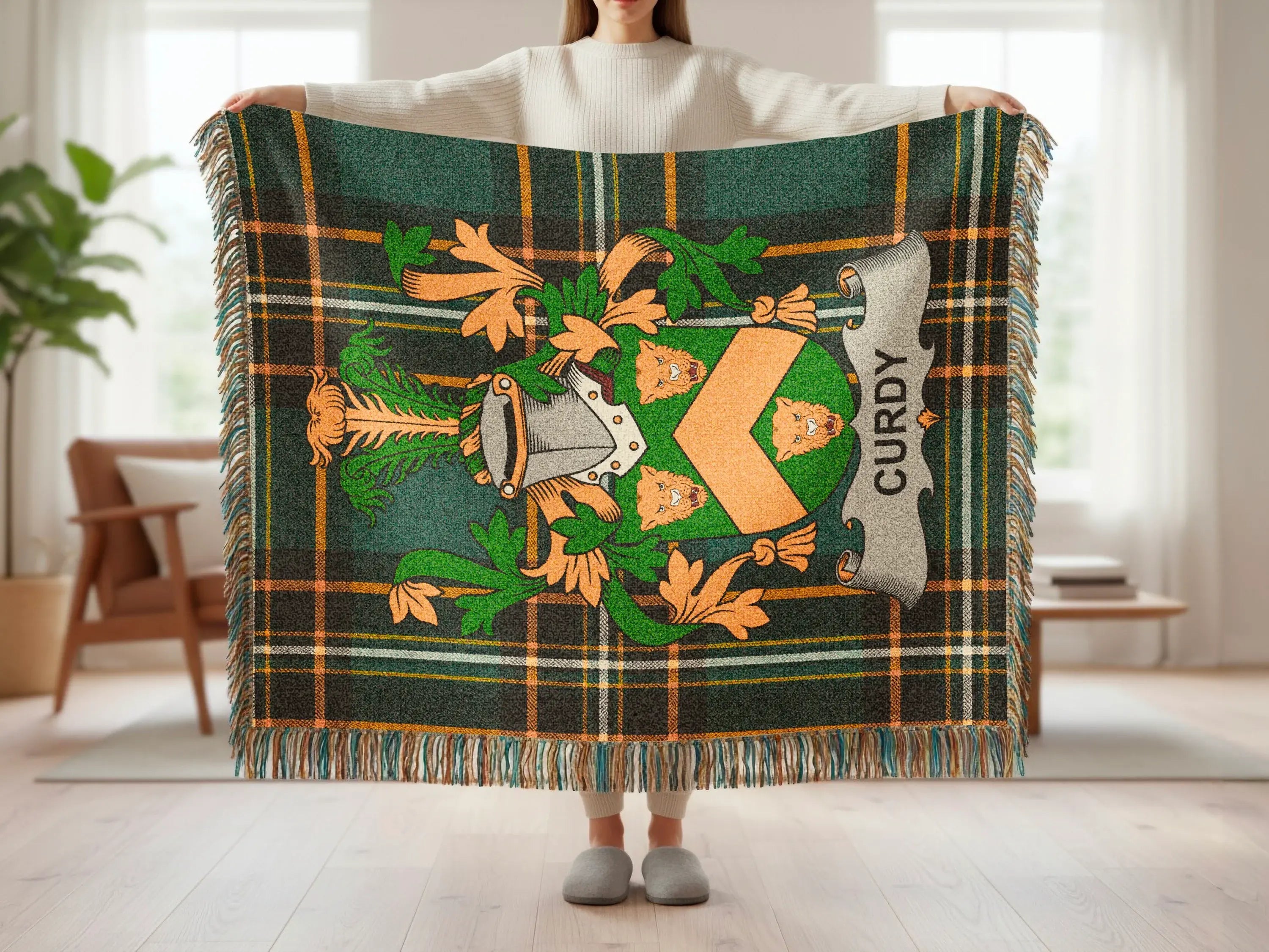 Curdy Family Crest Plaid Green Orange Black blanket