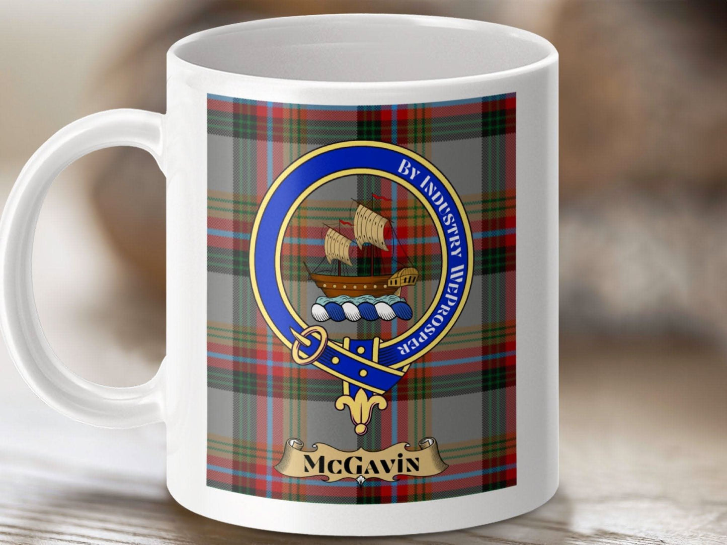 Scottish Clan McGavin Crest Plaid Background Mug product