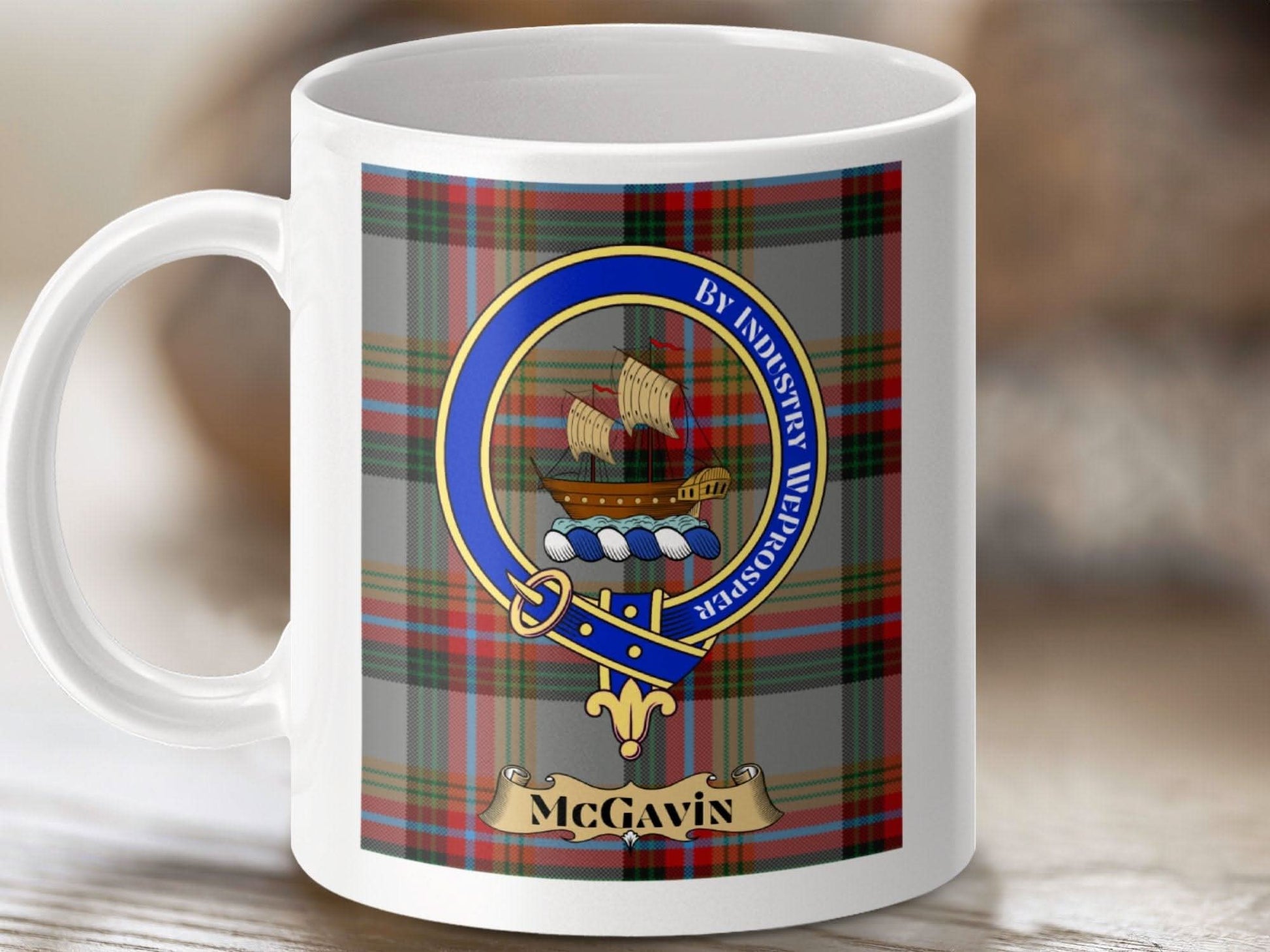 Scottish Clan McGavin Crest Plaid Background Mug product
