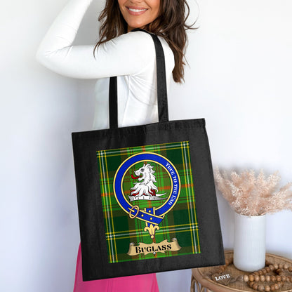 Buglass Clan Crest on Scottish Tartan Pattern Tote Bag - Living Stone Gifts