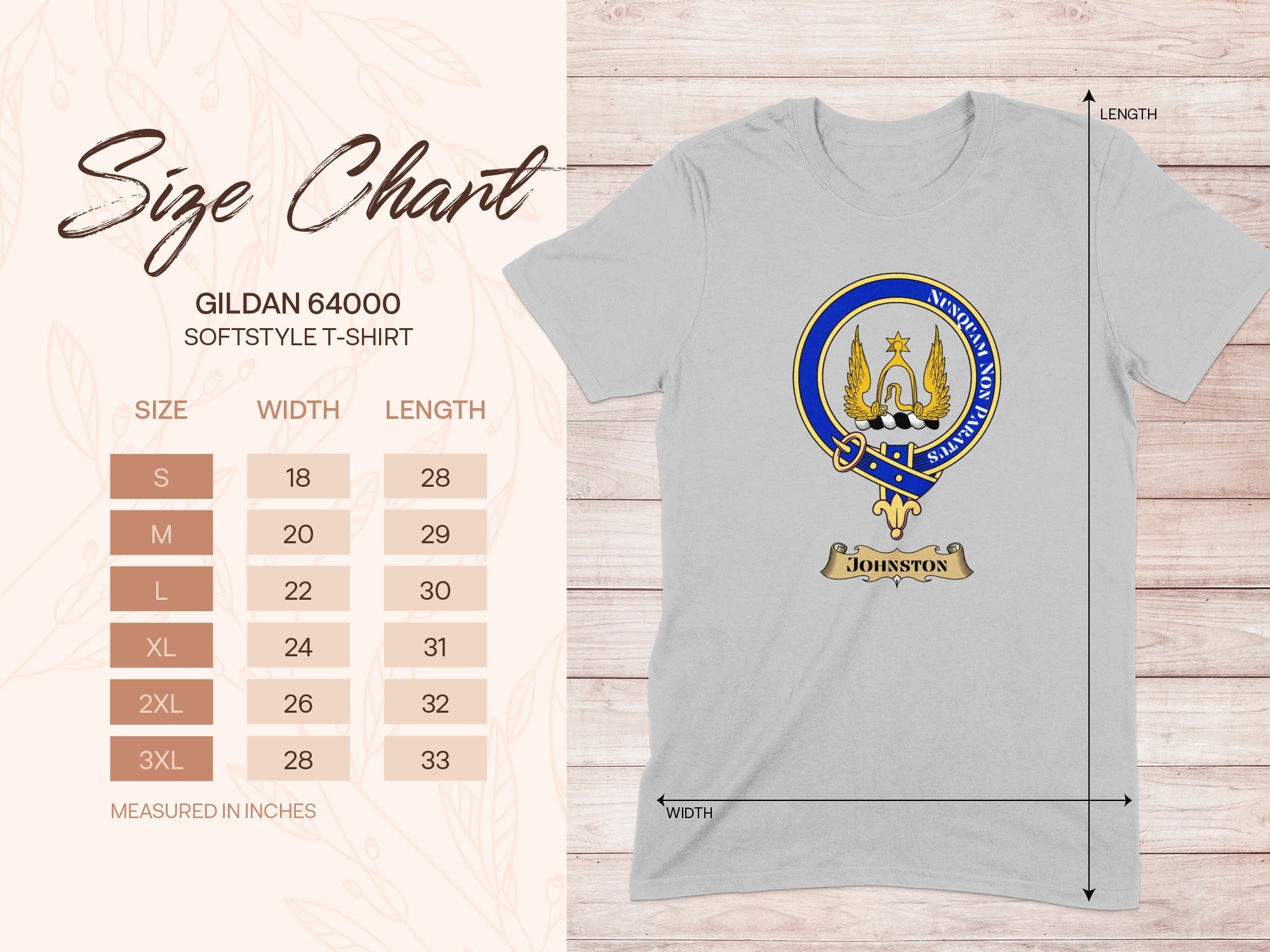 Gildan 64000 size chart for Johnston Scottish clan crest T-shirt