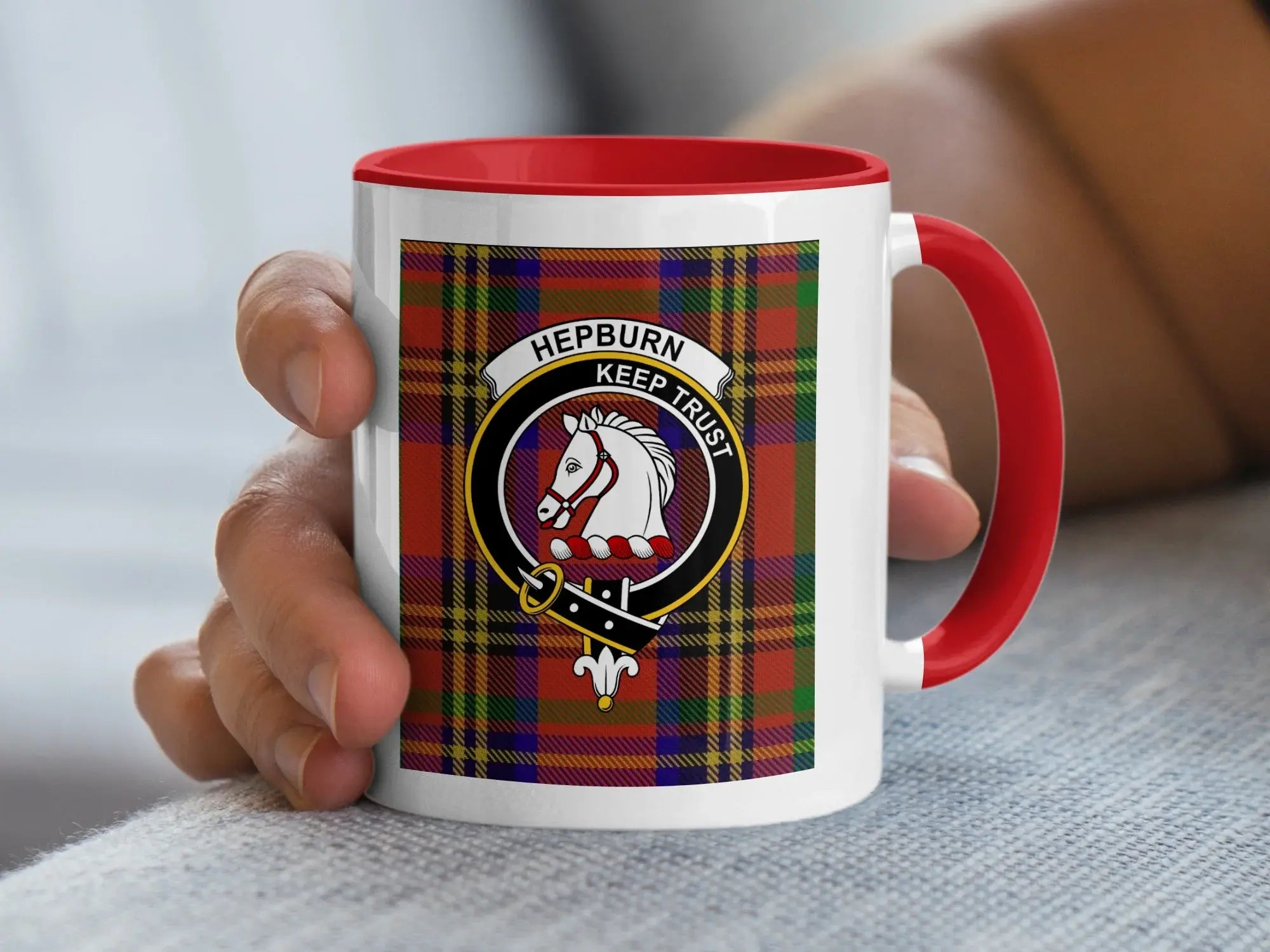 Hepburn family crest tartan design ceramic mug 15oz — glossy white ceramic with black handle