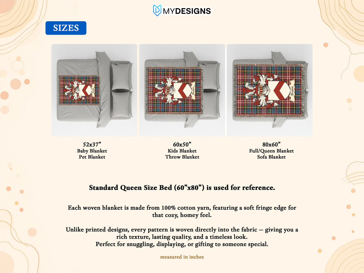 Size guide for Bradie Scottish family shield woven blanket on a Caledonia tartan background