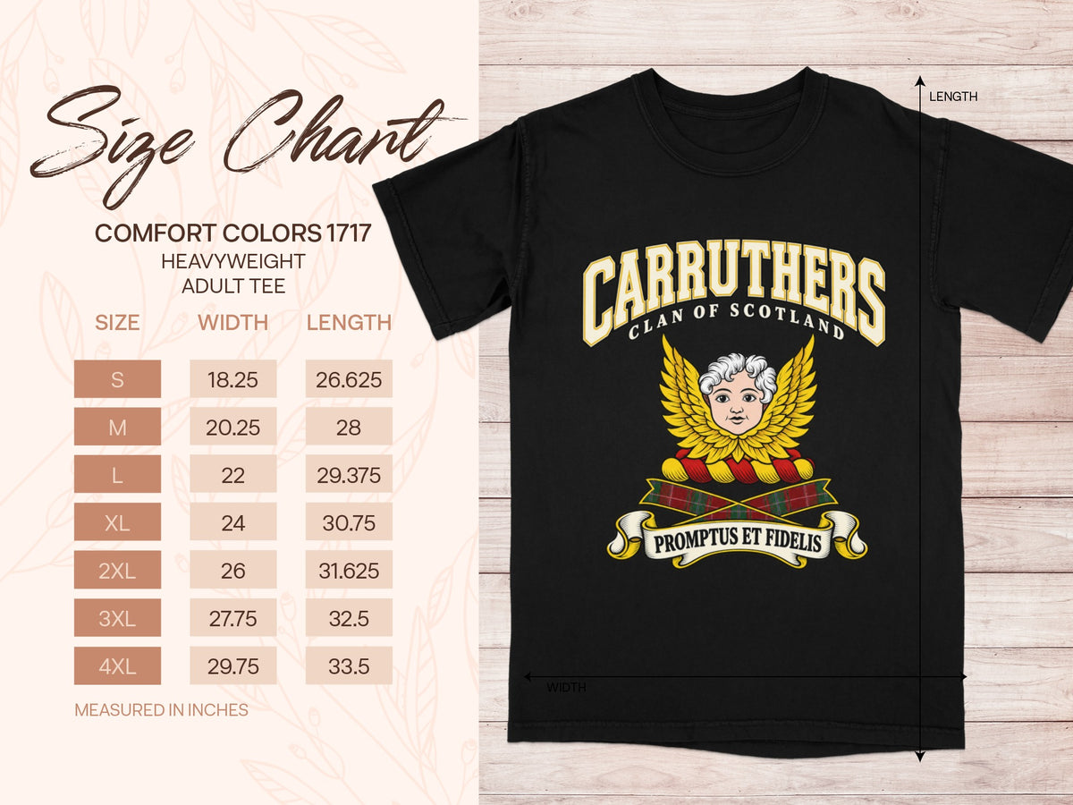 Comfort Colors 1717 size chart in inches with a black Carruthers clan crest T-shirt preview
