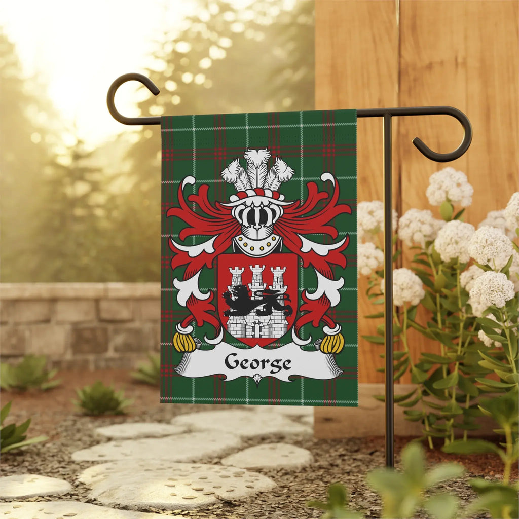 Scottish tartan flag with George surname coat of arms and crest.