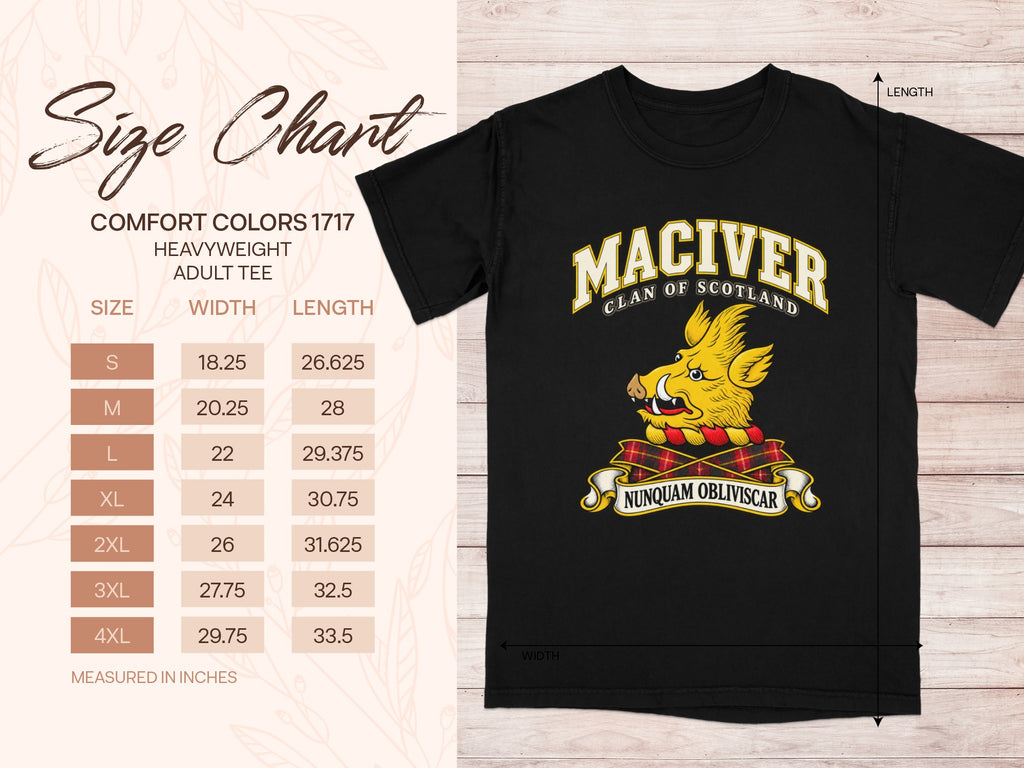Comfort Colors 1717 size chart for the MacIver Scottish clan T-shirt, adult sizes S–4XL.