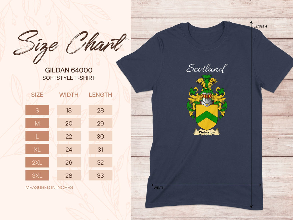 Gildan 64000 size chart for the Pinkerton Scottish family crest T-shirt, covering sizes S–3XL.