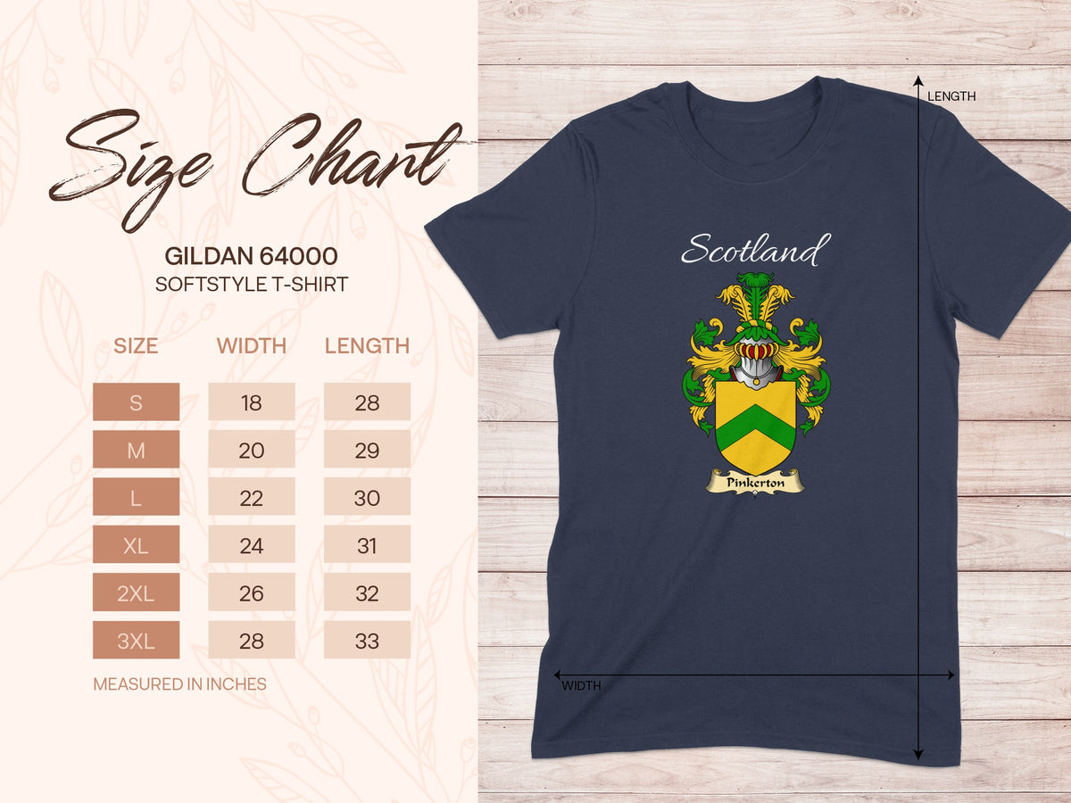 Gildan 64000 size chart for the Pinkerton Scottish family crest T-shirt, covering sizes S–3XL.