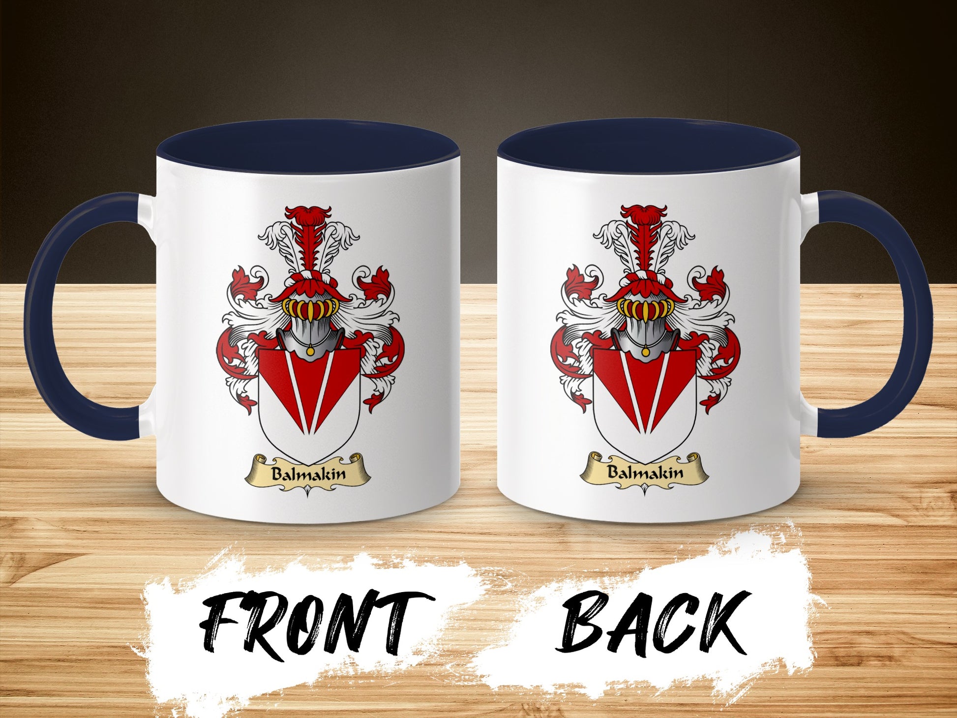 Two mugs, each featuring a red and white coat of arms with the name "Balmakin."