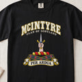 McIntyre Scottish clan T-shirt in Black, front view with a hand holding an upright dagger and motto banner.