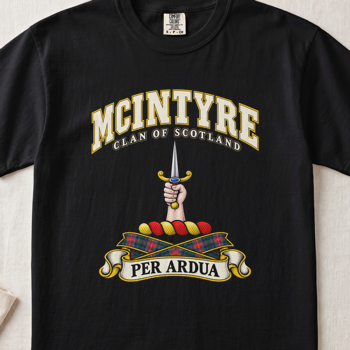 McIntyre Scottish clan T-shirt in Black, front view with a hand holding an upright dagger and motto banner.