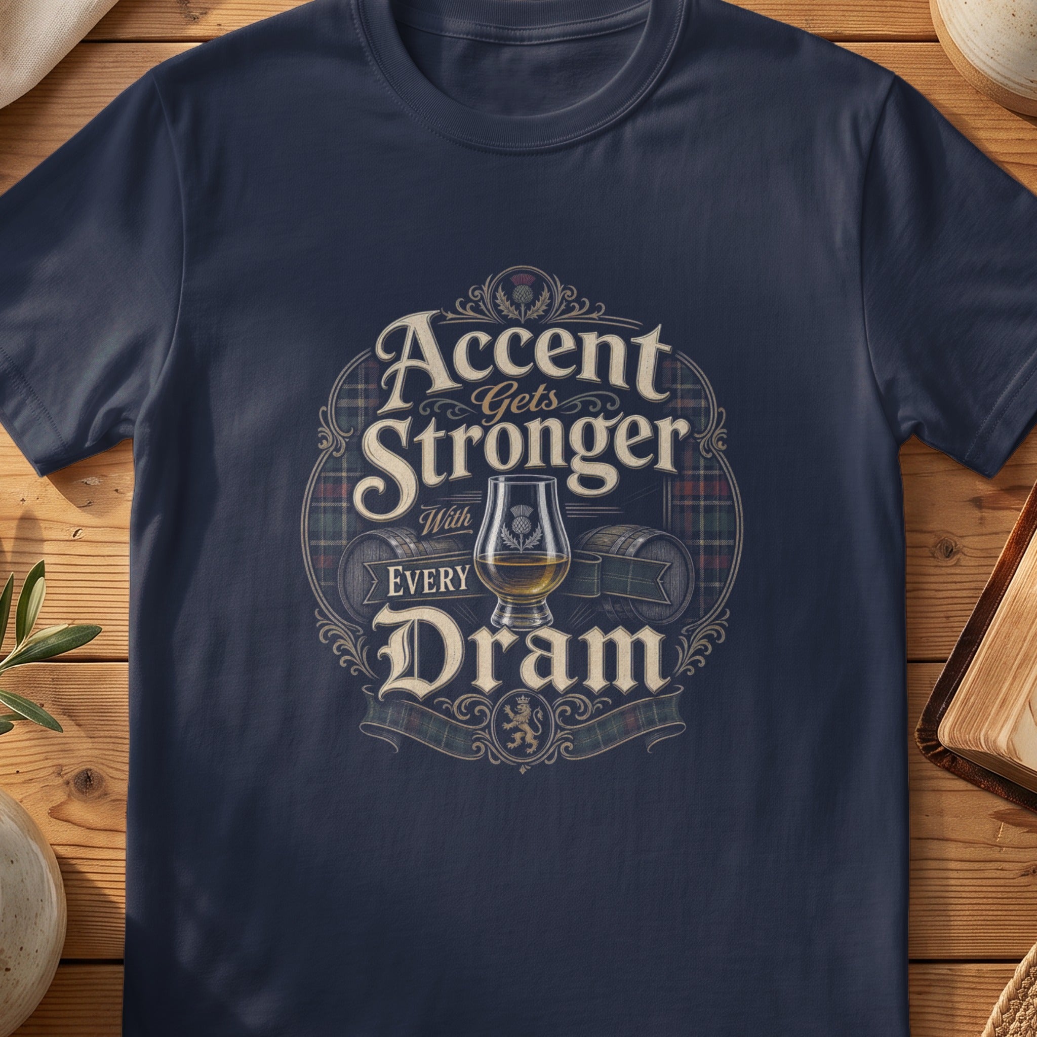 Navy Gildan 64000 unisex T-shirt flatlay with Accent Gets Stronger With Every Dram Scottish graphic design