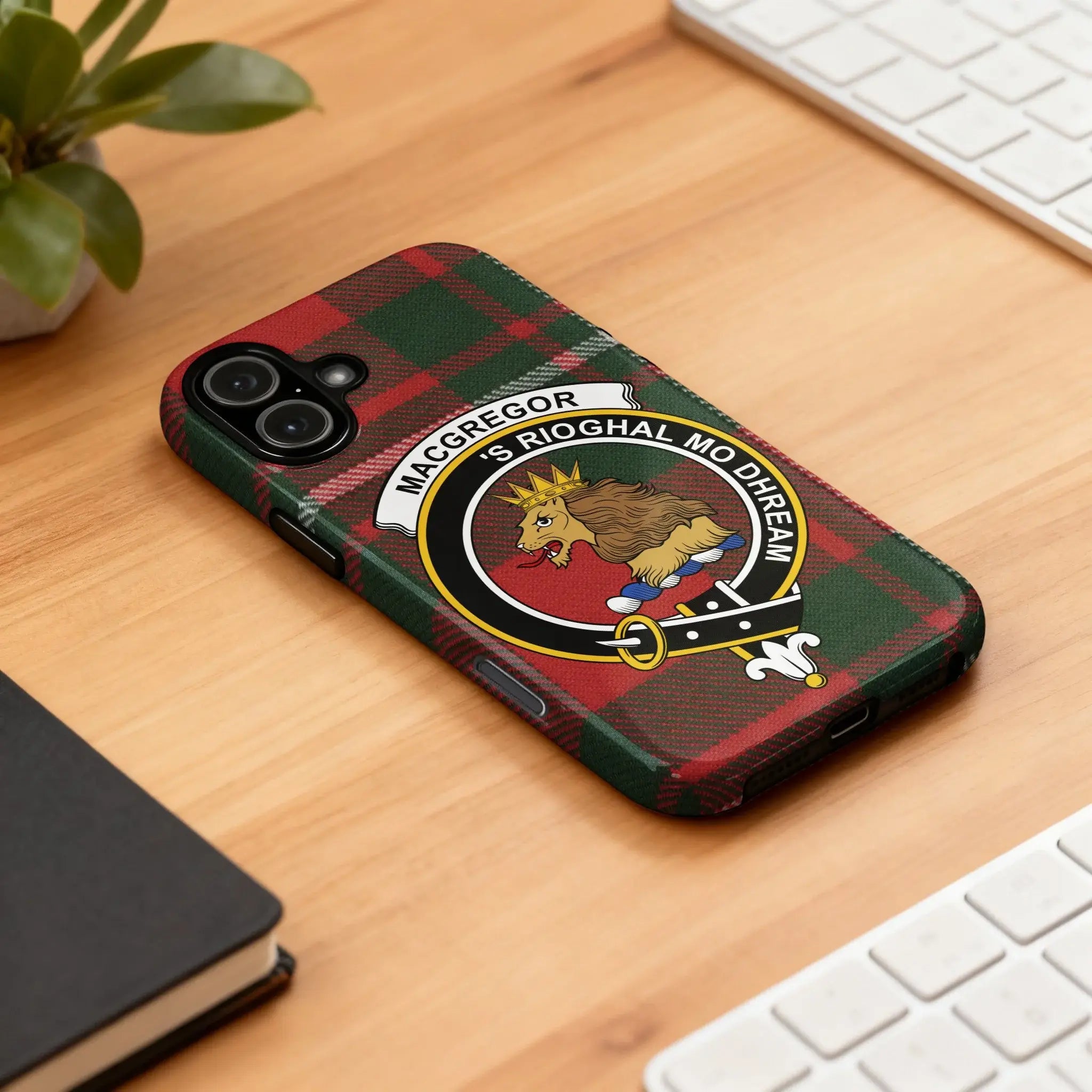 MacGregor tartan phone case with lion emblem design — full heraldic wrap on glossy impact-resistant shell