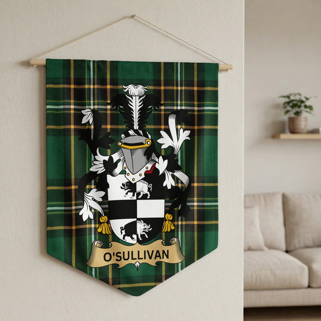 O'Sullivan family crest on green plaid banner hanging from a wooden rod.