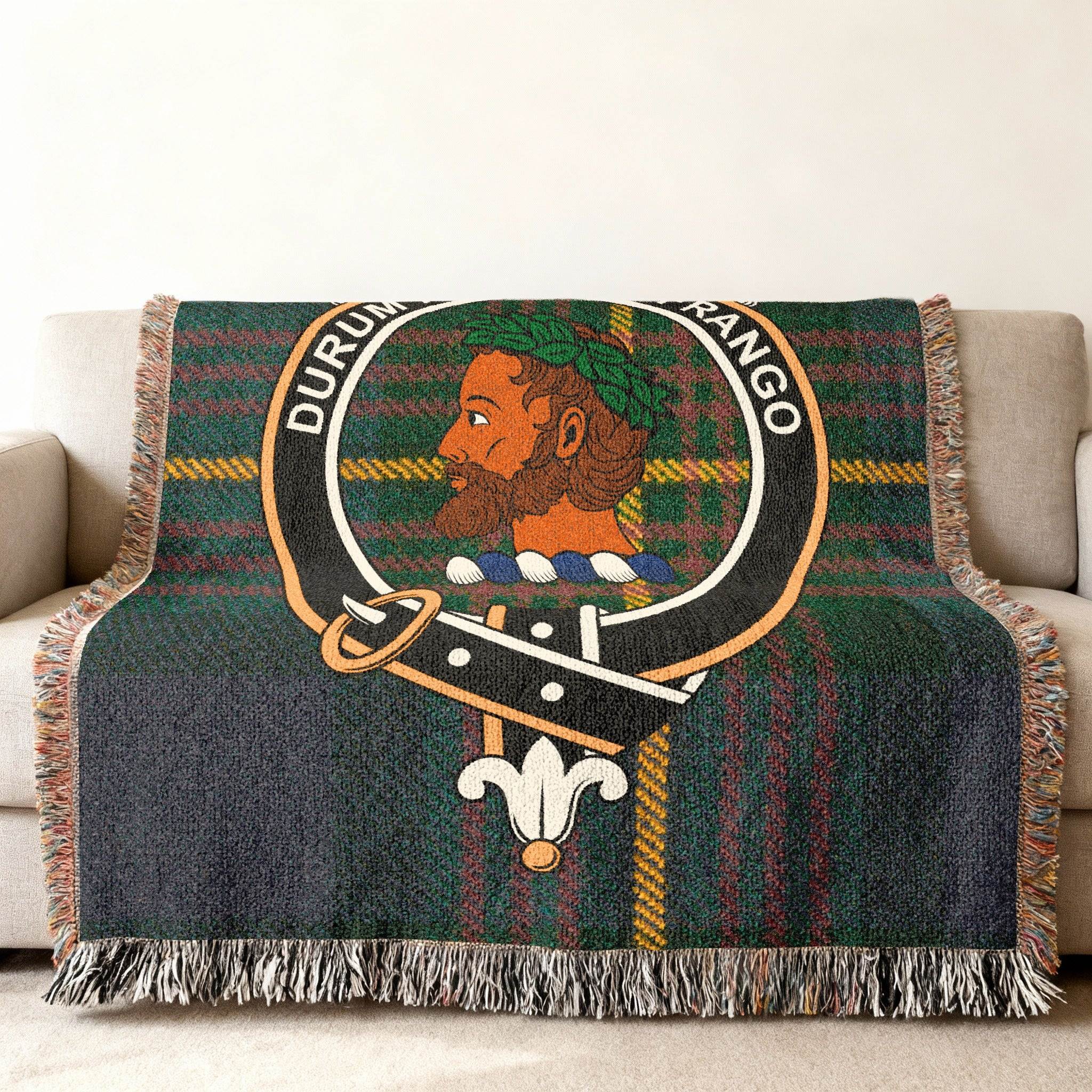 Muir Durum Patientia Frango clan crest tartan woven blanket draped — cotton throw with fringe