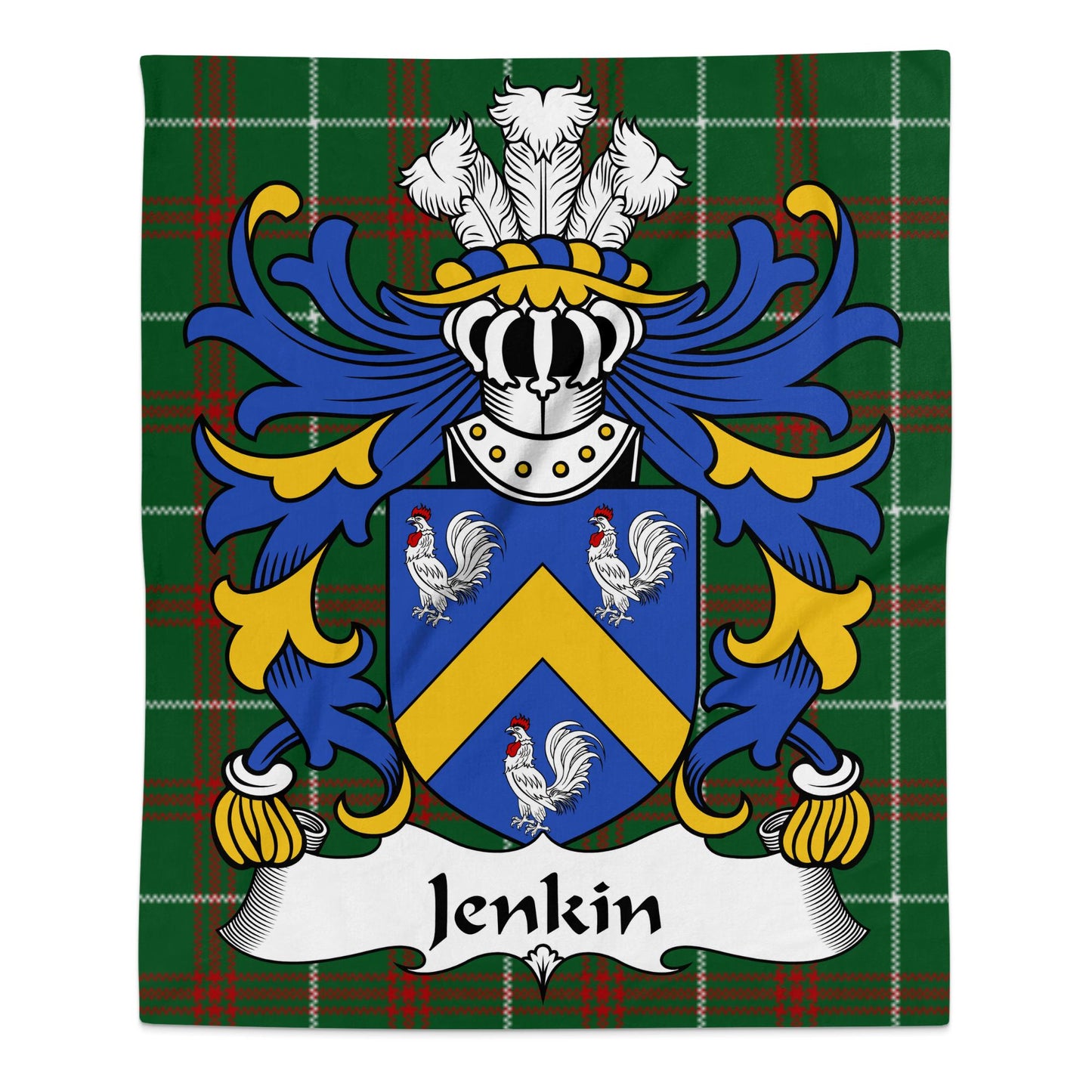 Jenkin Welsh Surname Coat of Arms on Tartan Background Blanket - Living Stone Gifts